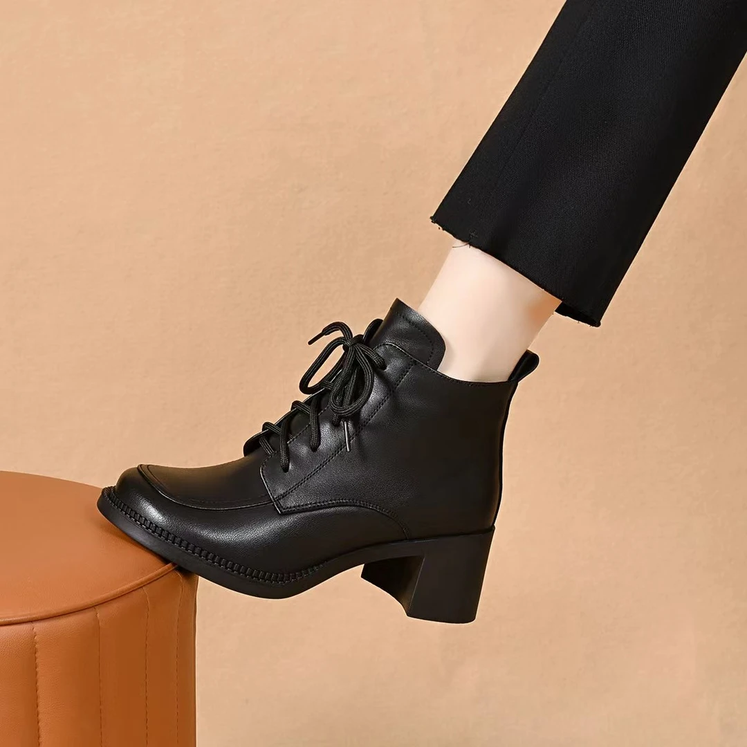 【真皮】2025冬季新款圆头粗跟软底侧拉链短靴单靴加绒厚底马丁靴女