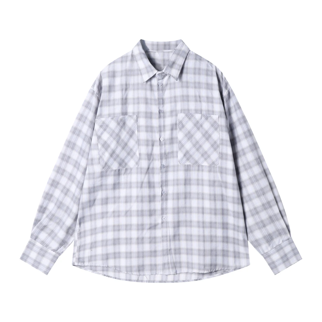 早春新款时尚个性复古撞色格子时尚撞色休闲长袖衬衫减龄上衣