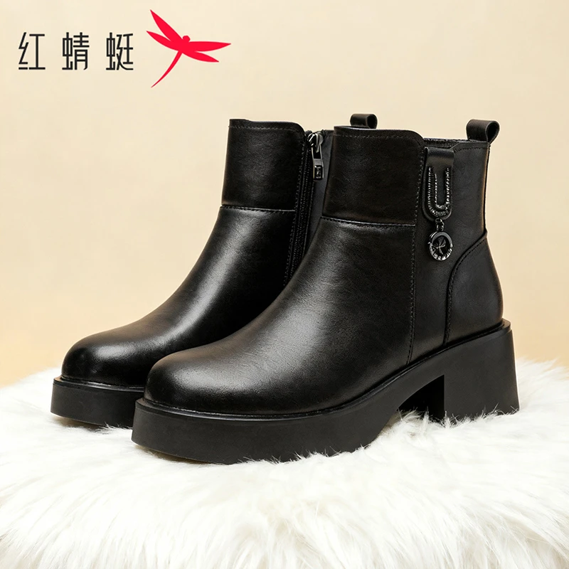 红蜻蜓冬季粗跟圆头方跟短靴简约风女靴高跟休闲中跟保暖加绒皮鞋