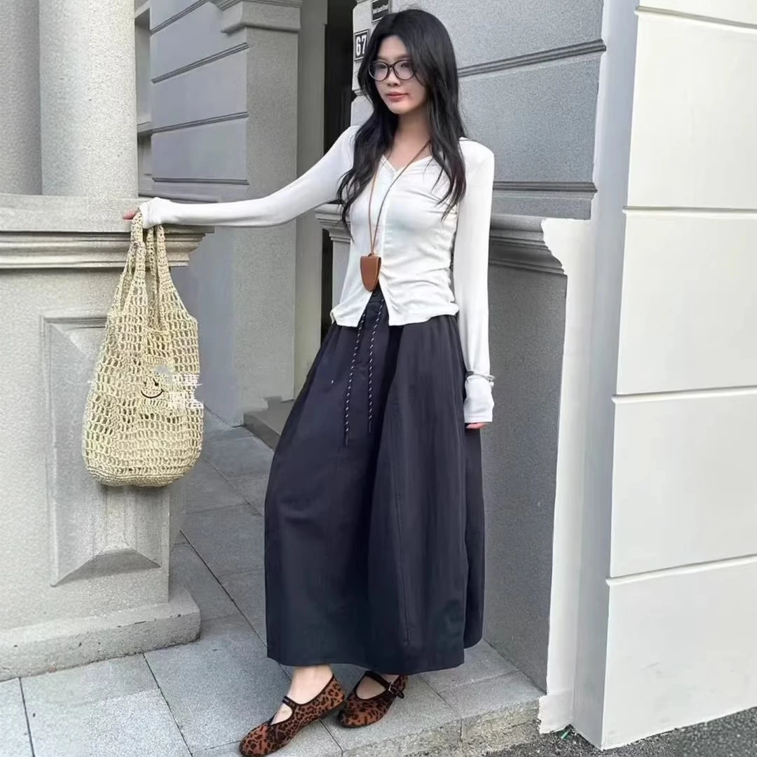 拼接简约南瓜裙少女风中长款半身裙夏季2025新款高腰拼接花苞裙子