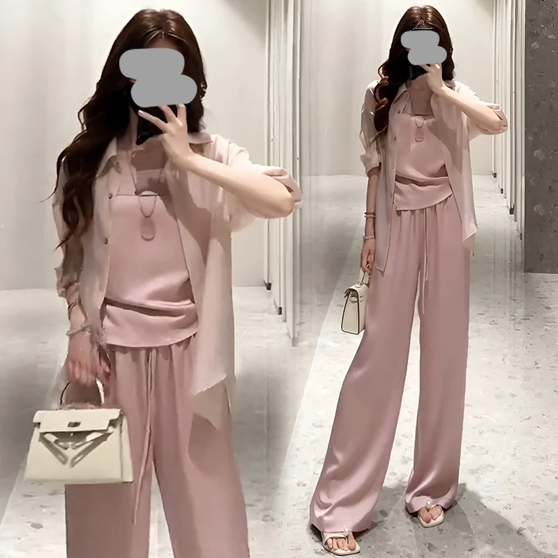 欧货休闲衬衫吊带背心阔腿裤三件套2026夏季新款时尚炸街显瘦套装