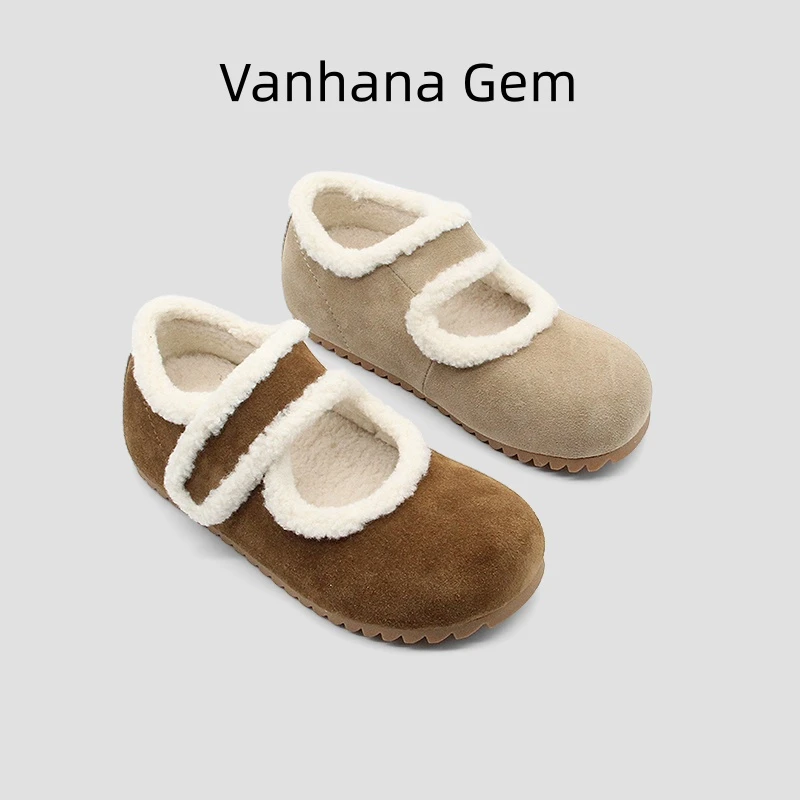 VANHANA GEM2025秋冬新款娃娃头一字带复古潮流棉鞋平底欧货女鞋