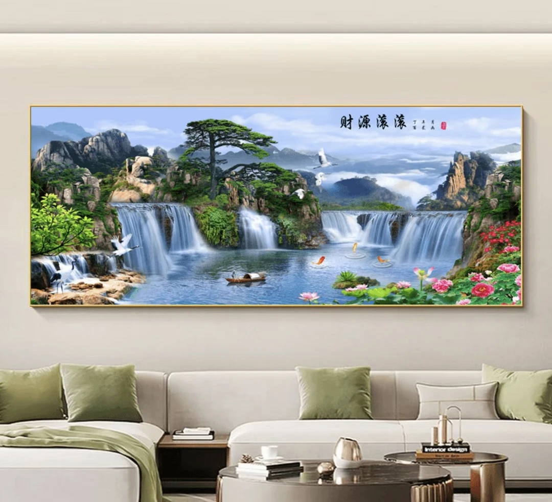 客厅沙发背景迎客松挂画办公室书房壁画镶钻立体晶瓷装饰画