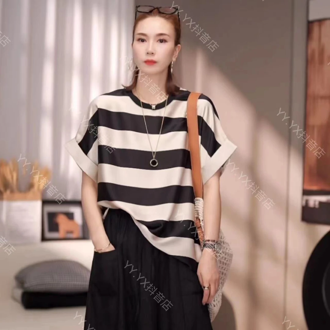 XX.YX（海风吹过）夏款凉凉香槟条纹无缝剪裁大版中袖T恤3523