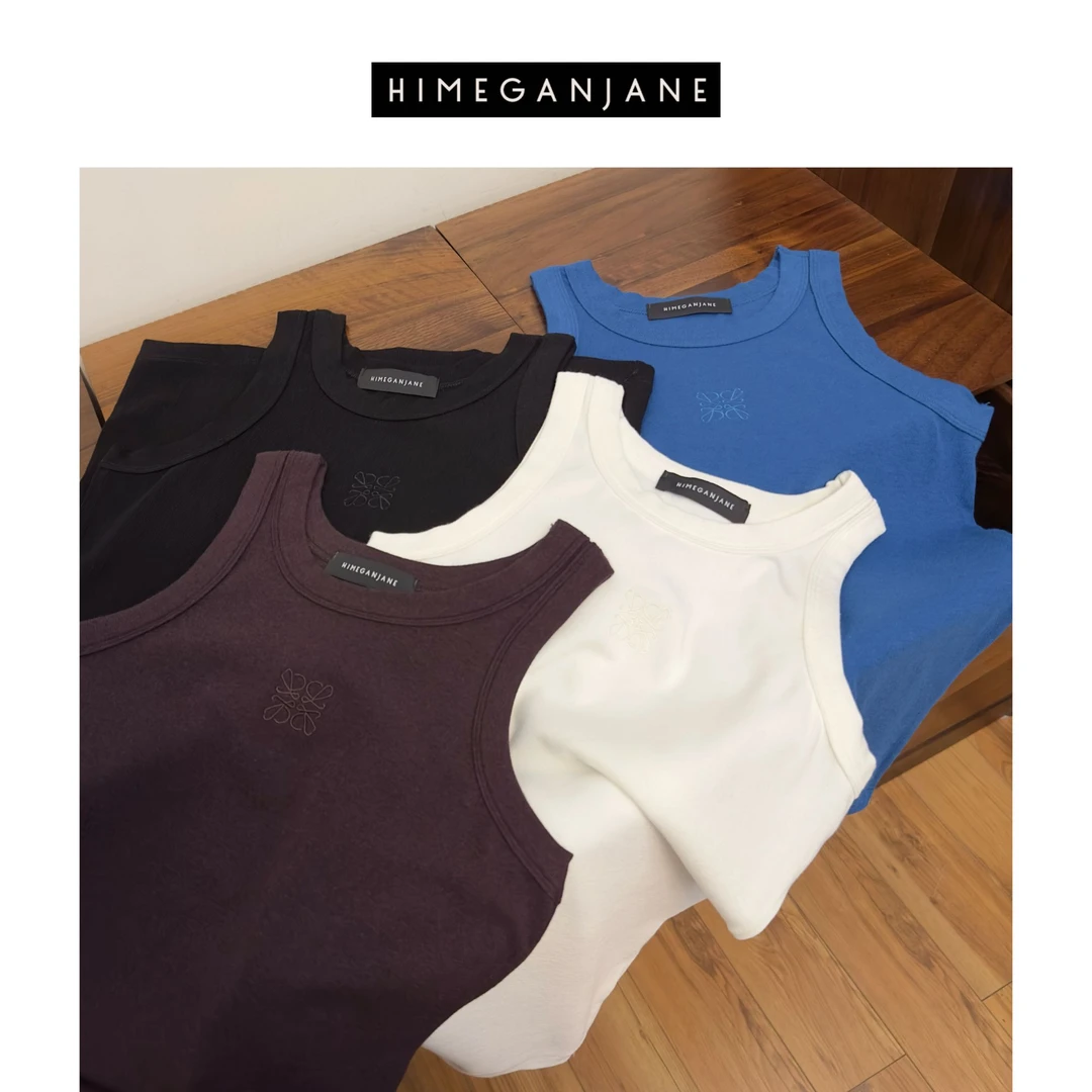 HIMEGANJANE 刺绣工字背心休闲圆领弹力超柔修身上衣 40226
