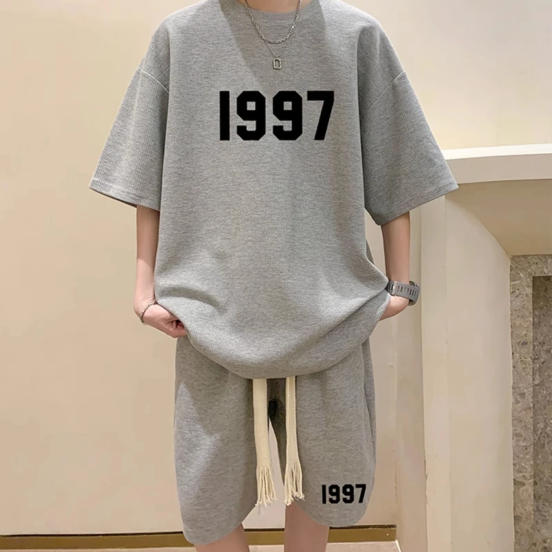 轻奢痞帅男装华夫格宽松休闲运动套装男夏季时尚美式潮牌短袖短裤