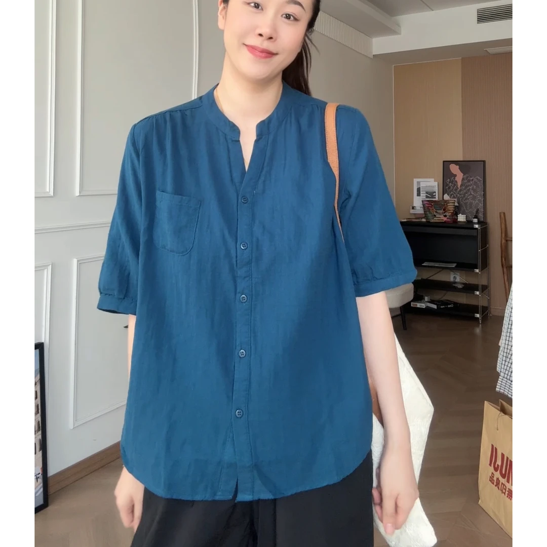 美亚恩NANA【小文艺】夏季100%棉V领纯色衬衫中袖通勤百搭C0410