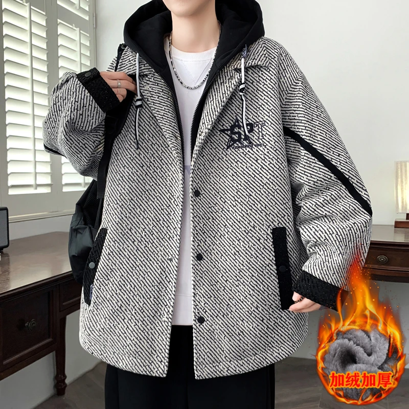 2025青少年秋冬季新款男生加绒加厚假两件外套宽松休闲港风潮流帅