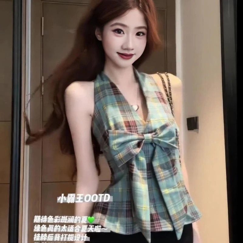 辣妹复古格纹蝴蝶结挂脖V领吊带背心女2025夏季新款无袖露背上衣