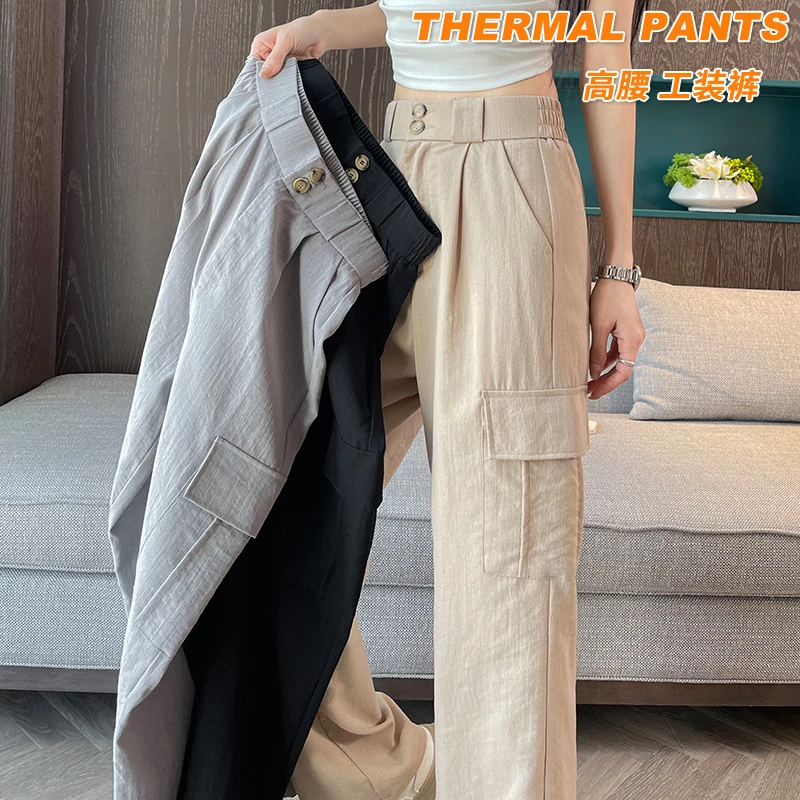 夏季新款高腰工装裤女速干显瘦宽松双扣直筒裤美式高街阔腿运动裤