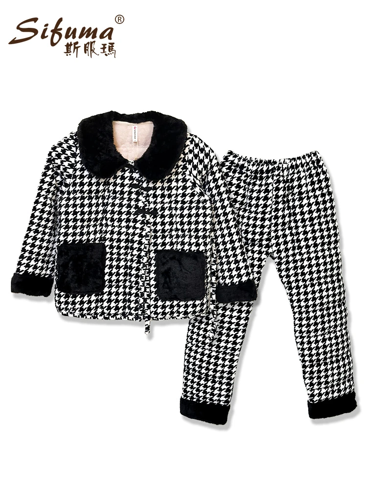 【秀秀家】冬季上新《黑色千鸟格》三层夹棉印花长袖长裤睡衣套装加厚