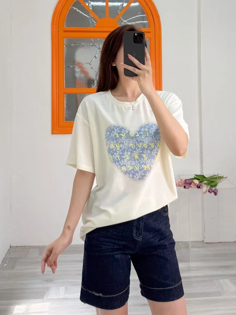 时尚宽松大版常规款短袖重工潮流休闲风T恤夏季亮片圆领白色