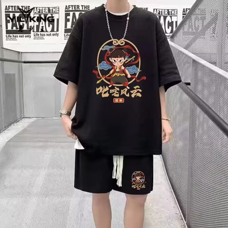 2025新款衣服宽松短袖套装创意国潮动画哪吒印花男士半袖T恤男潮