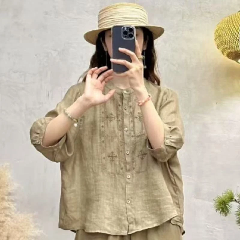 【100苎麻】夏新款显瘦女士衬衫中式绣花衬衣气质百搭立领HG-7090