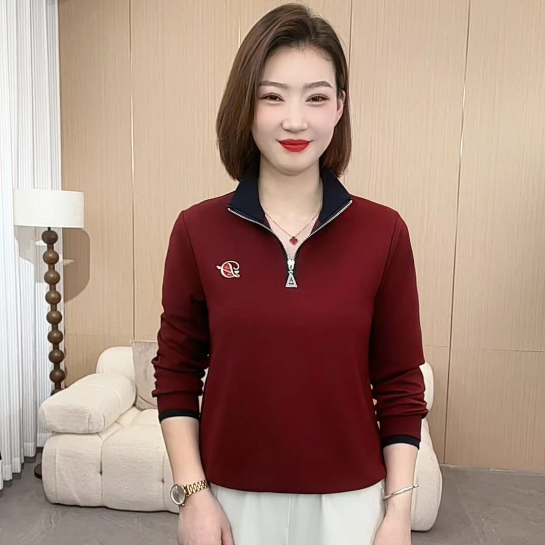 2025秋季时尚洋气新款简约刺绣半拉链翻领气质减龄卫衣上衣P5517
