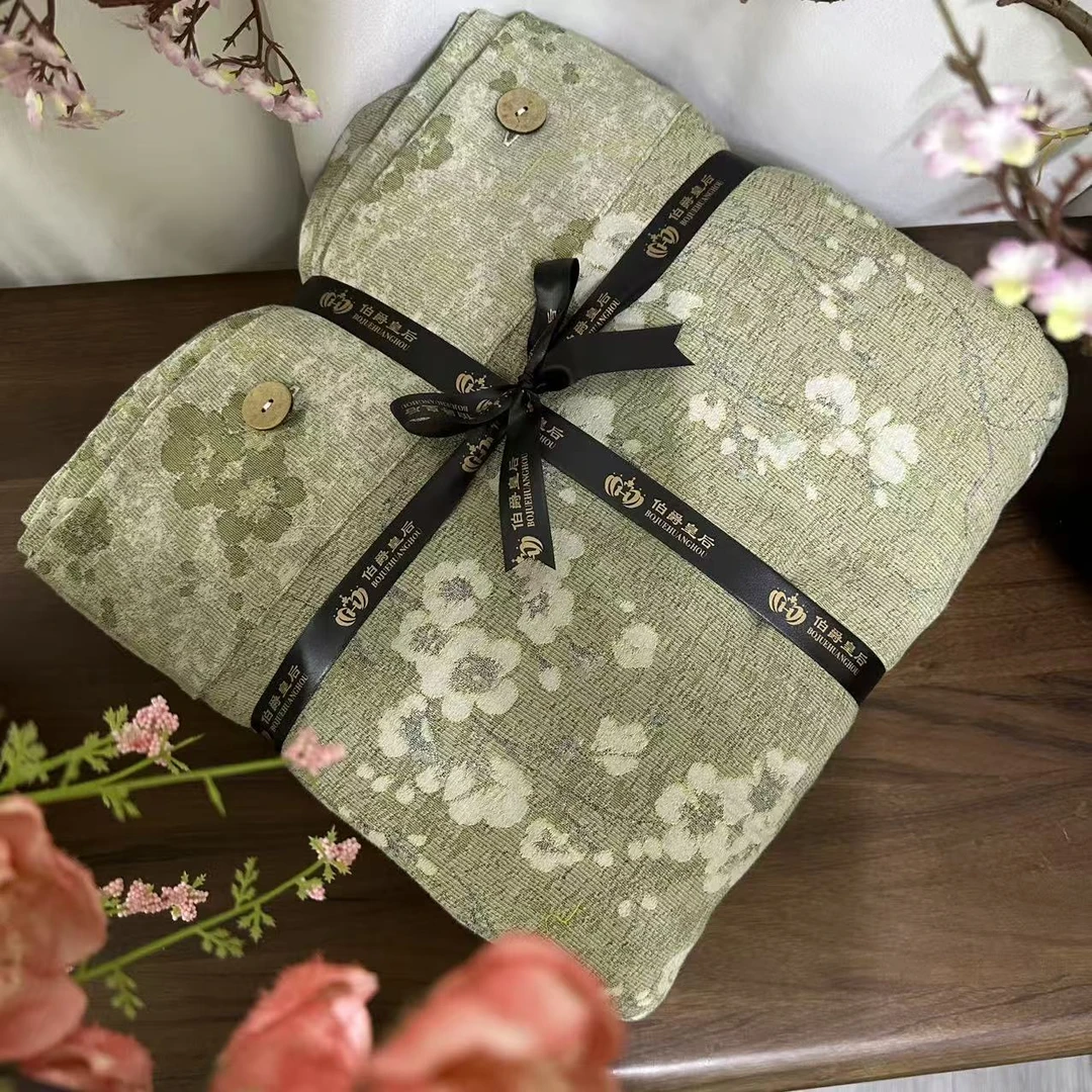 【双人椰壳扣被套】花漾春城-抹茶色顶奢麻被套2.0*2.3米