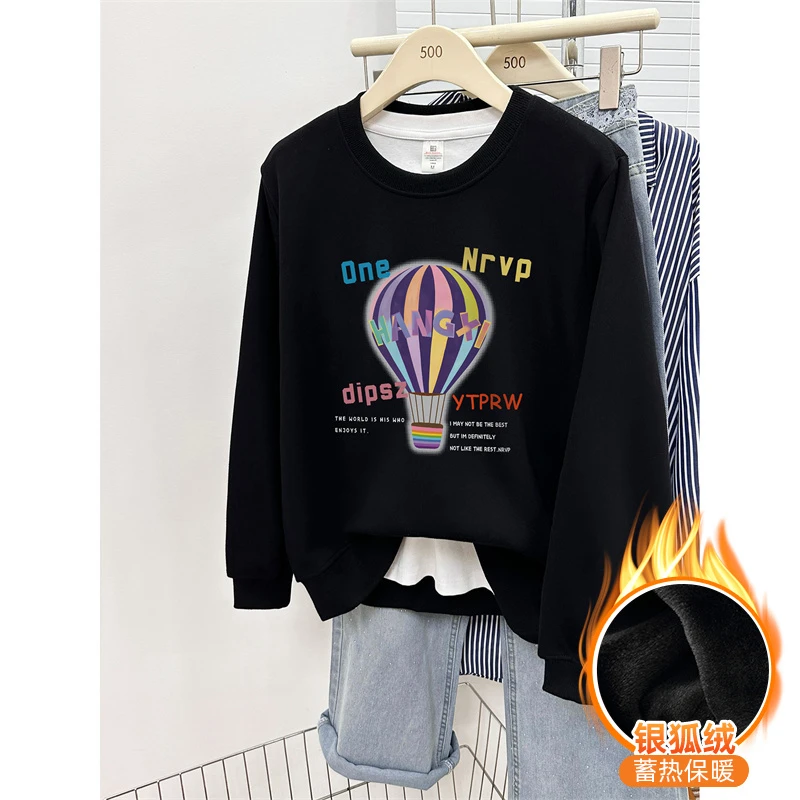热气球字母印花圆领正肩卫衣女秋冬款加绒胖mm宽松大码长袖上衣潮