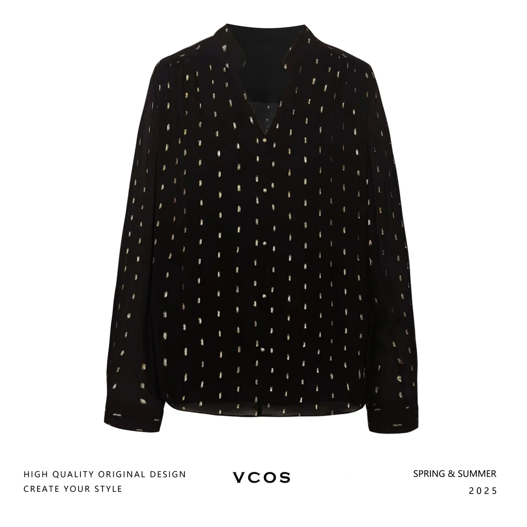 VCOS桑蚕丝织金气质百搭半开领飘逸长袖衬衫