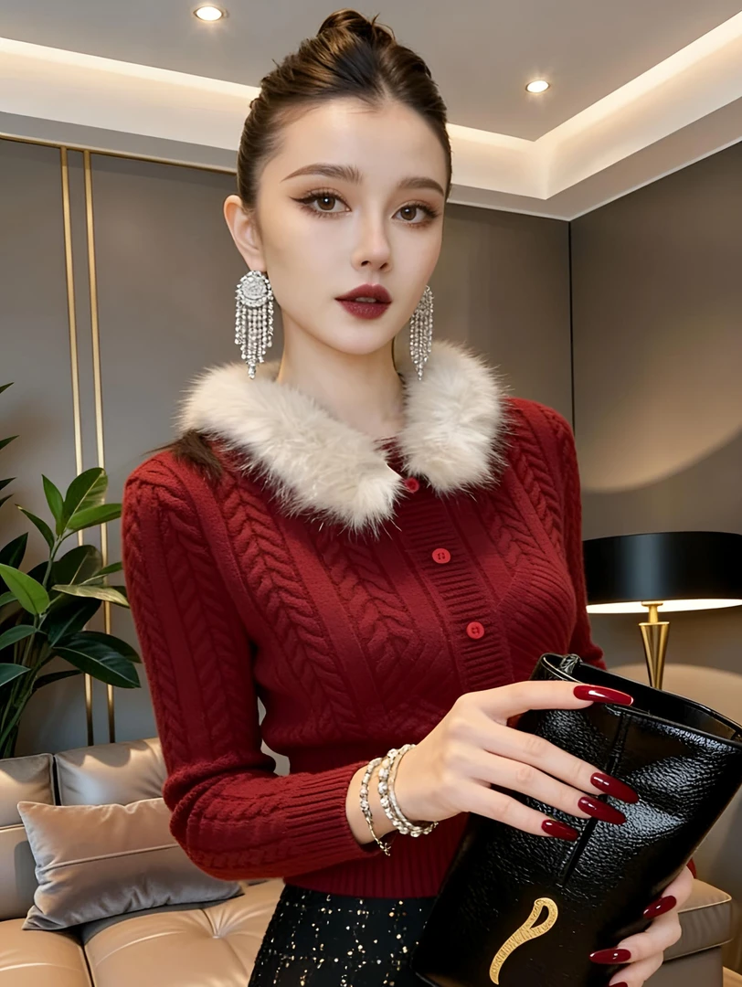 杏色提花可拆卸毛毛领麻花毛衣女秋冬收腰显瘦内搭打底针织衫上衣