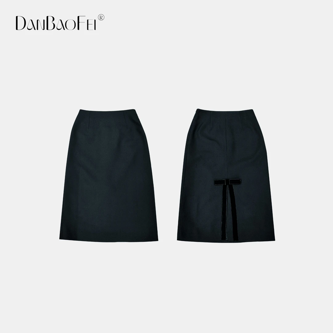 【YA】 简约后开衩蝴蝶结中长款直筒半身裙 WB00568