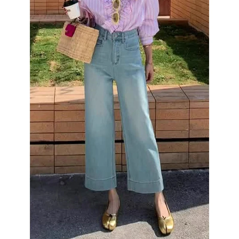 春季新款浅蓝色直筒牛仔裤胖mm梨型身材显瘦小个子九分宽松阔腿裤