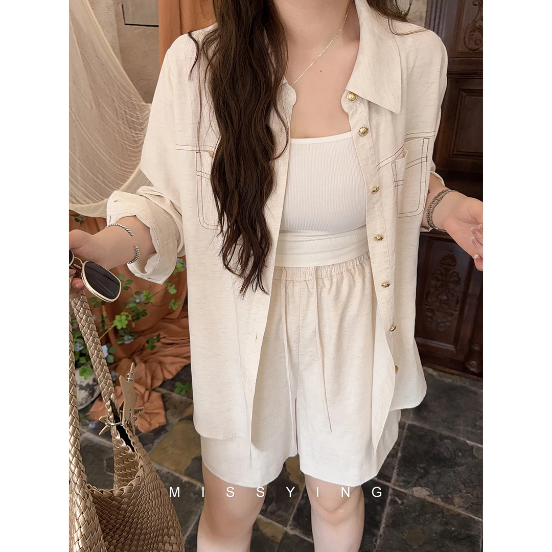 应小姐【清舟】微胖大码中式显瘦气质款夏季立体浮雕花纹上衣+短裤