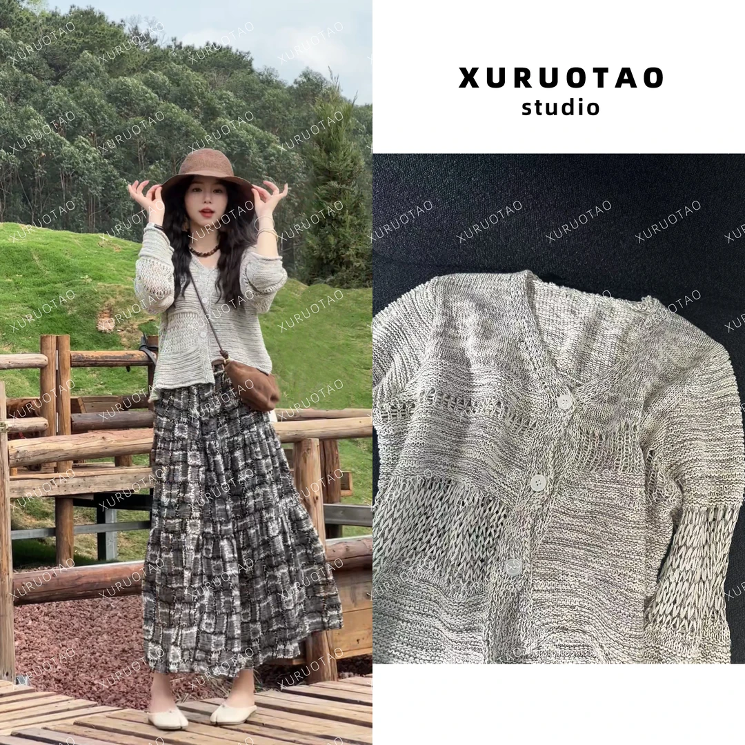 XURUOTAO【维也纳】小众定制花灰色毛纱不规则门襟上衣 T5082