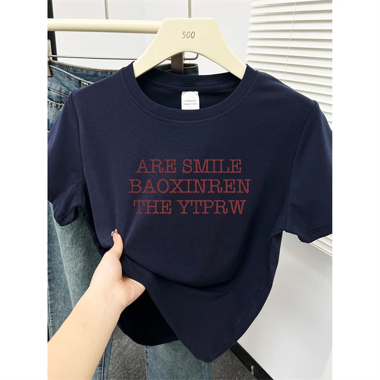 韩版字母印花休闲正肩短袖t恤女2025夏季新款大码胖MM显瘦上衣