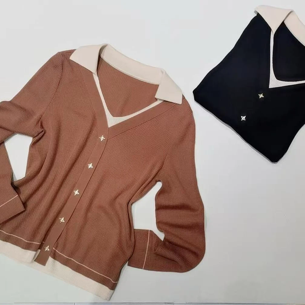 优雅知性假两件撞色翻领长袖百搭遮肉显瘦针织开衫