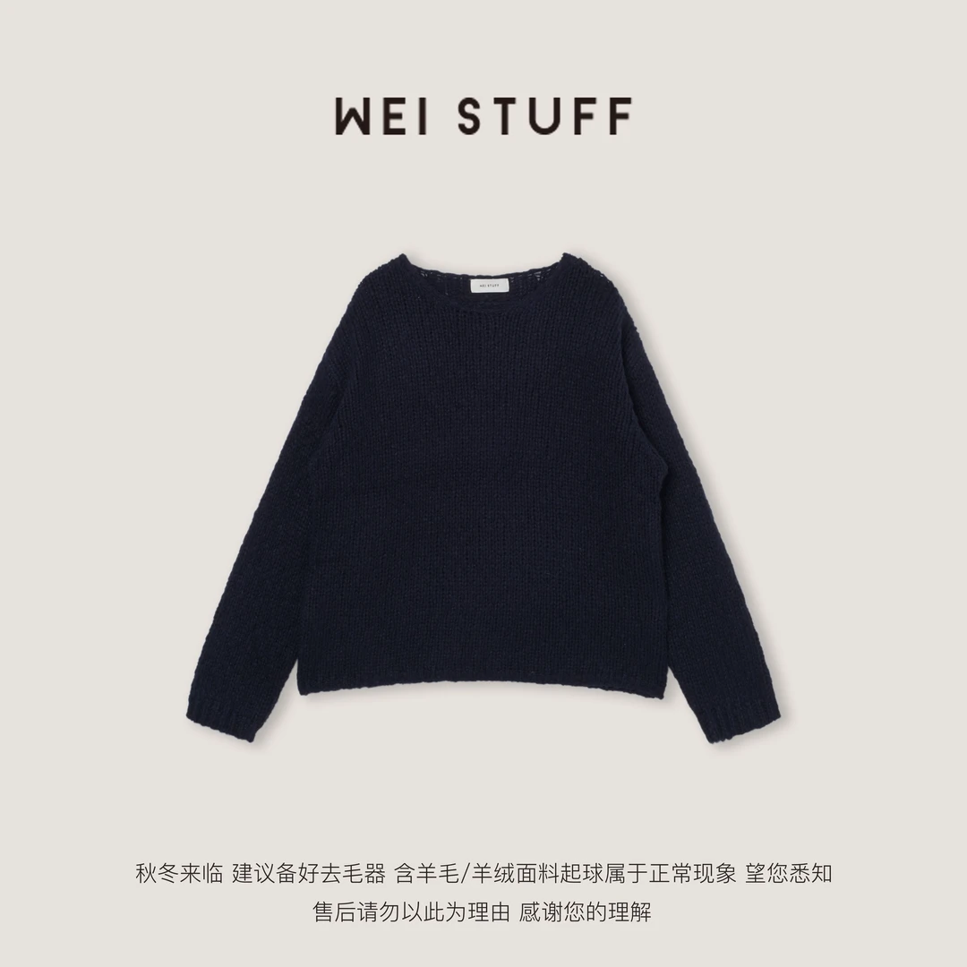 WEI STUFF “手工毛衣”松弛颗粒羊毛粗棒针藏青针织毛衣 10504.