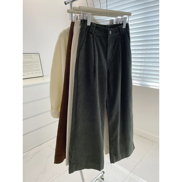 韩系复古灯芯绒直筒裤女！2024秋冬半松紧腰显瘦小个子九分阔腿裤