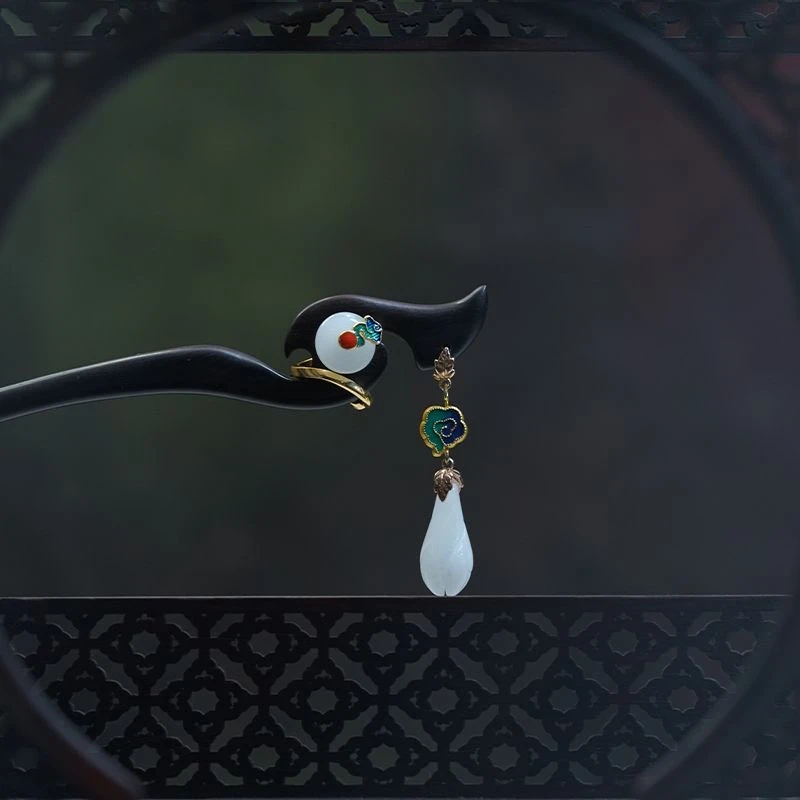 18厘米黑檀木发簪流苏玉簪黑檀木汉服旗袍头饰日常简约现代发簪子