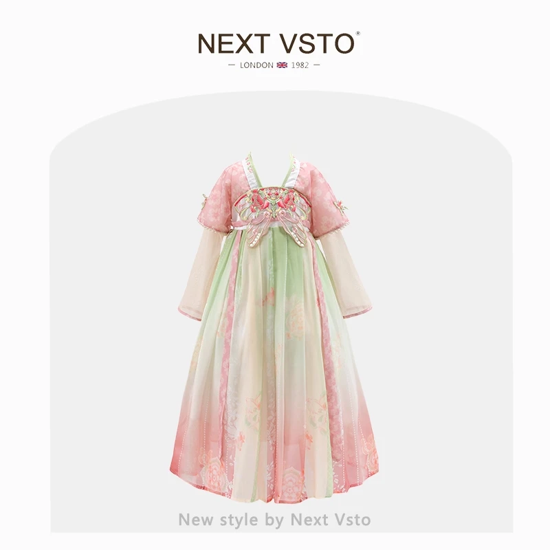 英国NEXT VSTO女童汉服连衣裙春秋季超仙小女孩中国风唐装公主裙