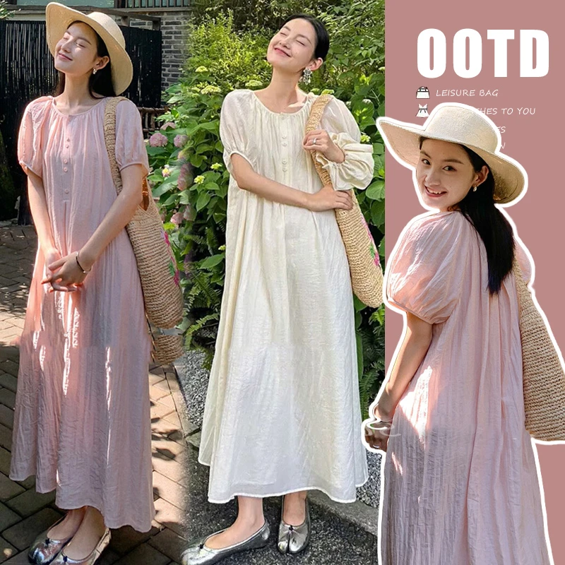 夏季上新款孕妇仙女简约纯色圆领宽松显瘦送腰带仙仙连衣裙中长款