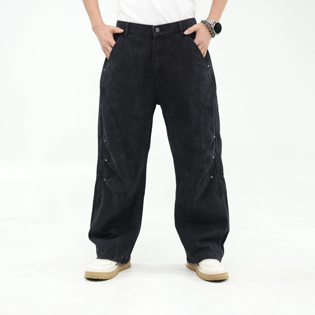 2025上新纽扣春季拉链阔腿裤牛仔裤裤子直筒裤美式复古水洗宽松