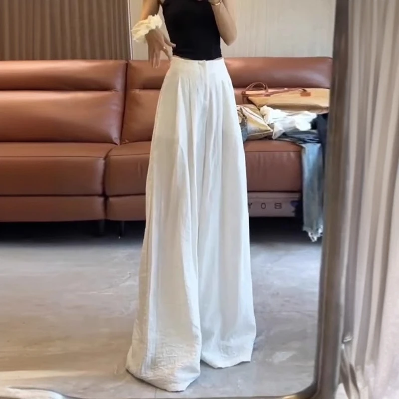 白色棉麻阔腿裤女夏季薄款垂感拖地长裤子高腰窄版休闲山本裤