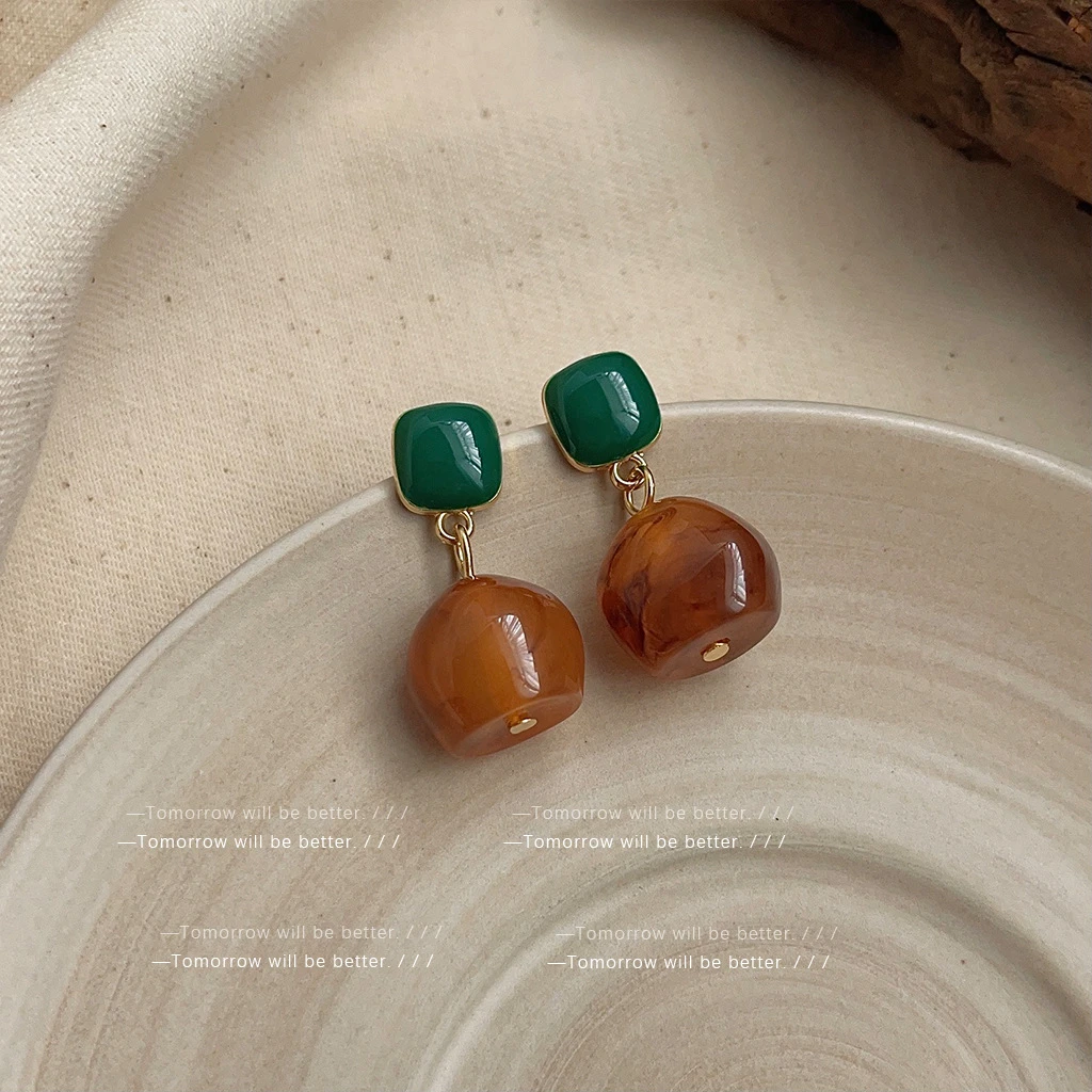 铜合金树脂耳饰 摩卡拿铁复古咖色几何晕染个性时尚耳环