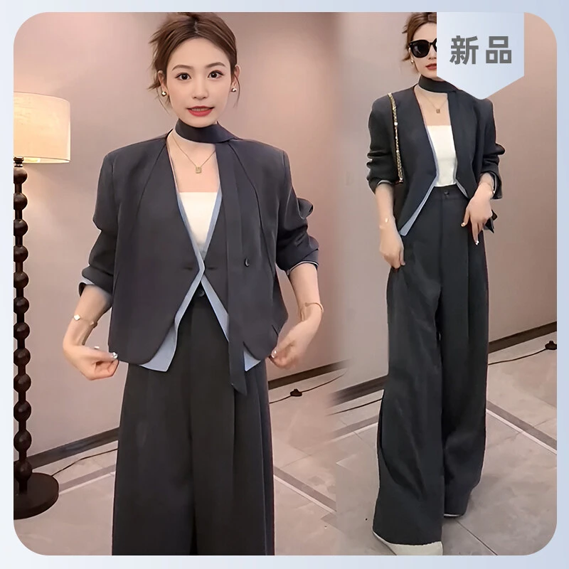 两件套超火女流行飘带高级感阔腿裤西装套装灰色春秋两件套拼接