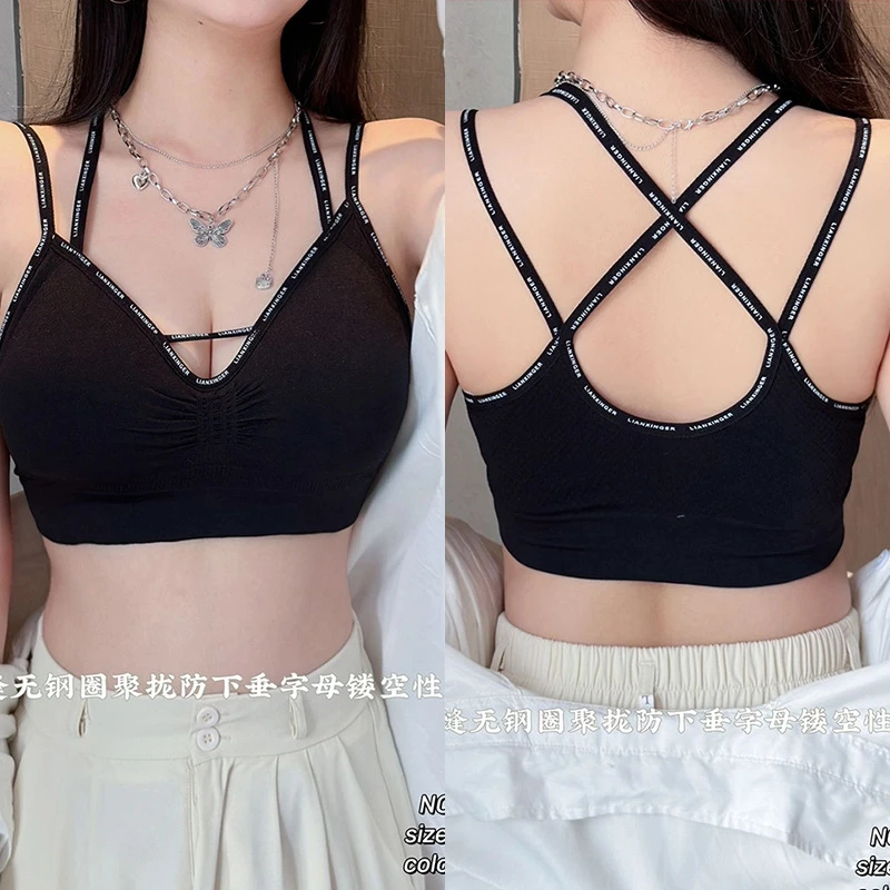 新款无缝字母交叉美背内衣女一体式聚拢防下垂运动防震性感文胸罩
