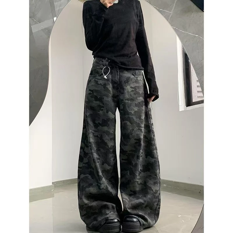 美式复古迷彩裤牛仔裤阔腿裤女2025春秋新款街头时尚宽松拖地裤子
