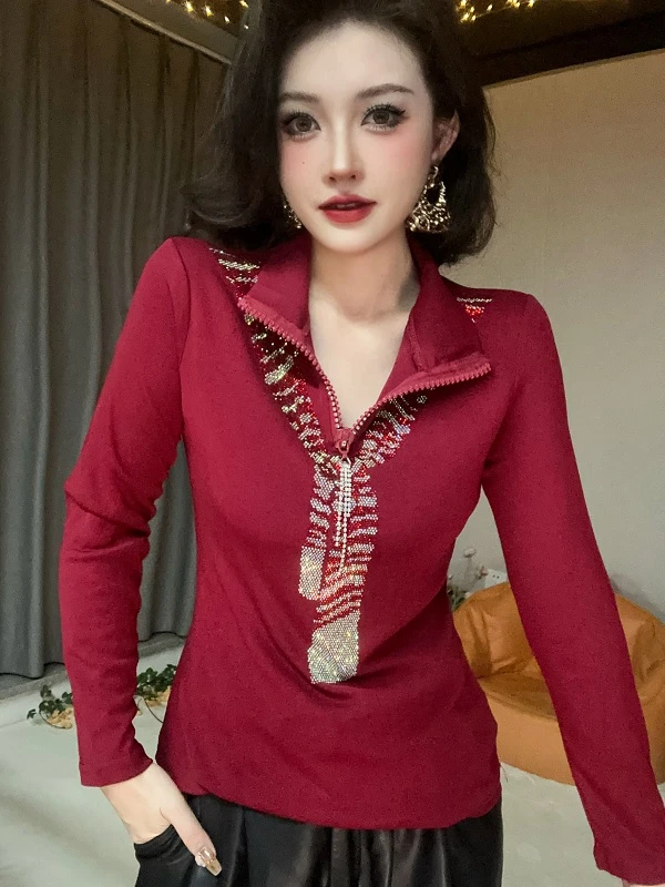 【断码破价】立领拉链加绒款爆款洋气时尚烫钻长袖打底衫女8050