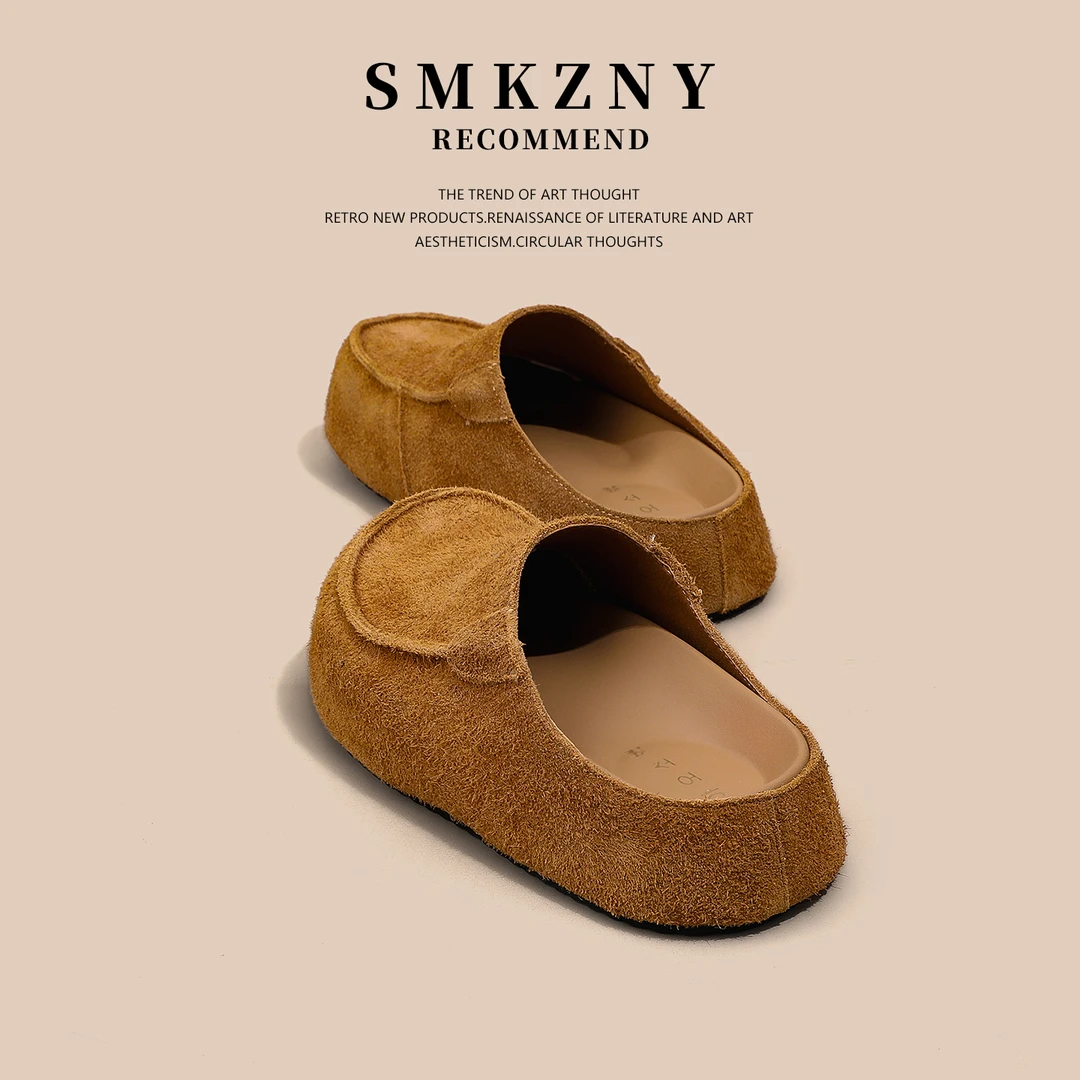 包头半拖鞋女夏外穿2025新款早秋百搭真皮软面勃肯半托鞋子7051