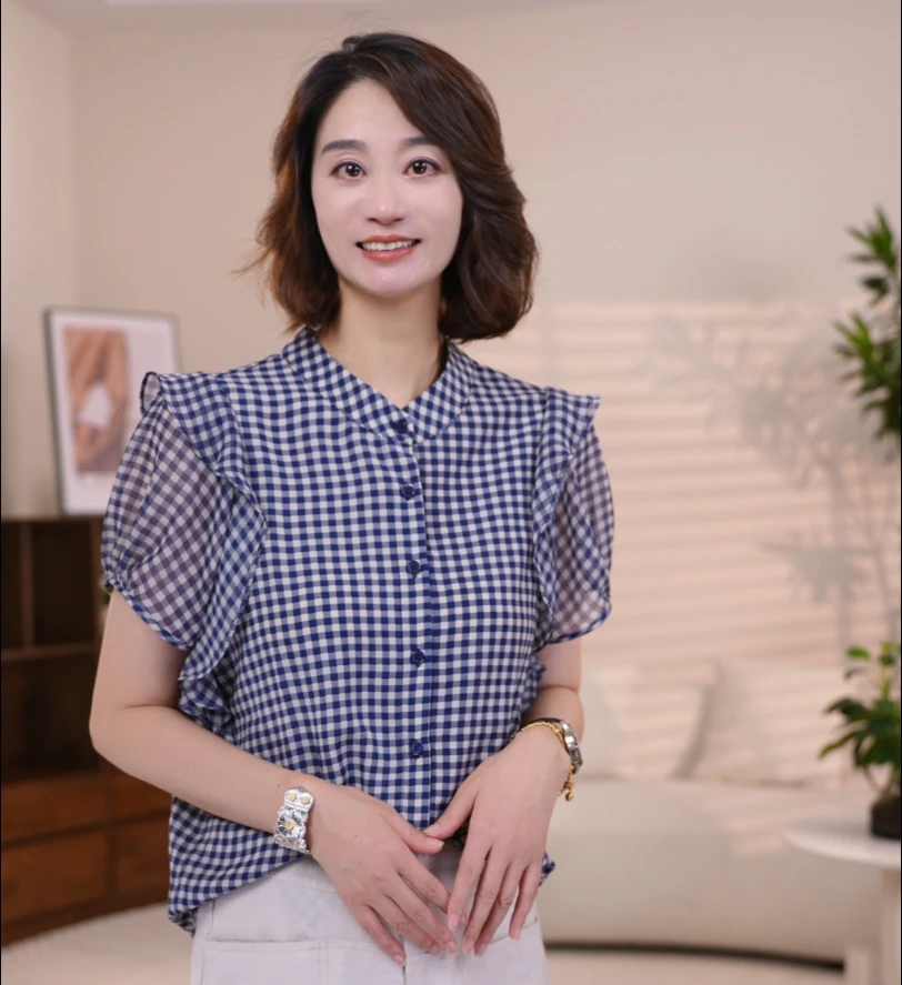 短袖格子V领薄款夏季荷叶边衬衫圆领成人清冷新中式时尚2876