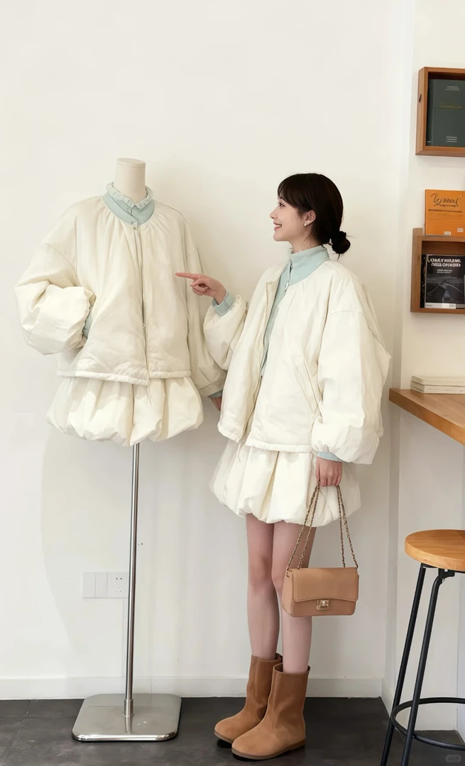 秋冬套装女2025新款韩系温柔风夹棉外套内搭打底衫显瘦短裙三件套