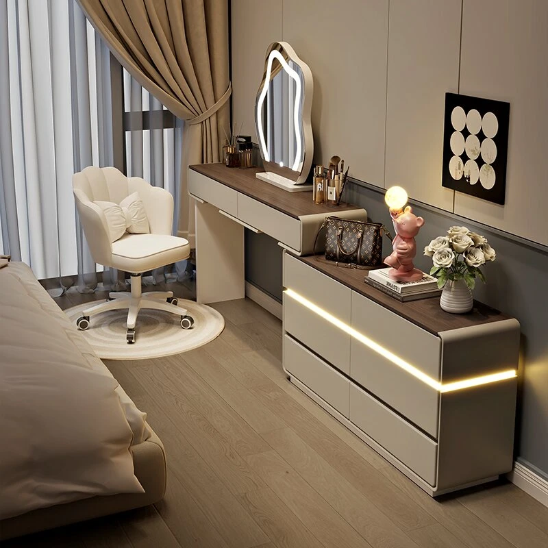 2025新款梳妆台卧室床尾柜现代简约中古奶油风转角化妆台斗柜一体