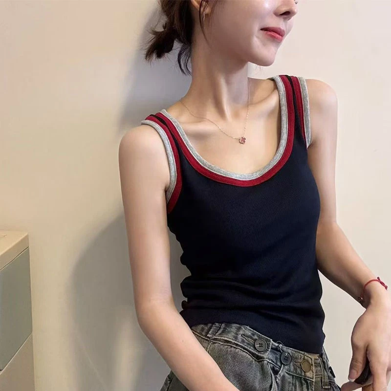 【品质正版】撞色拼接吊带背心女2025夏季新款外穿韩版时尚修身上衣