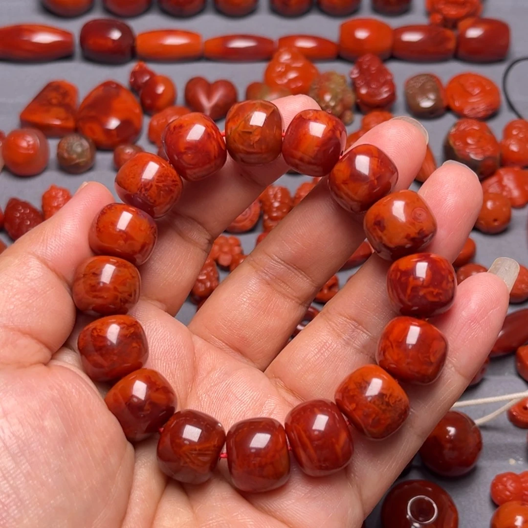 南红玛瑙配饰未镶嵌牛血火焰纹老型手串卡14.2mm