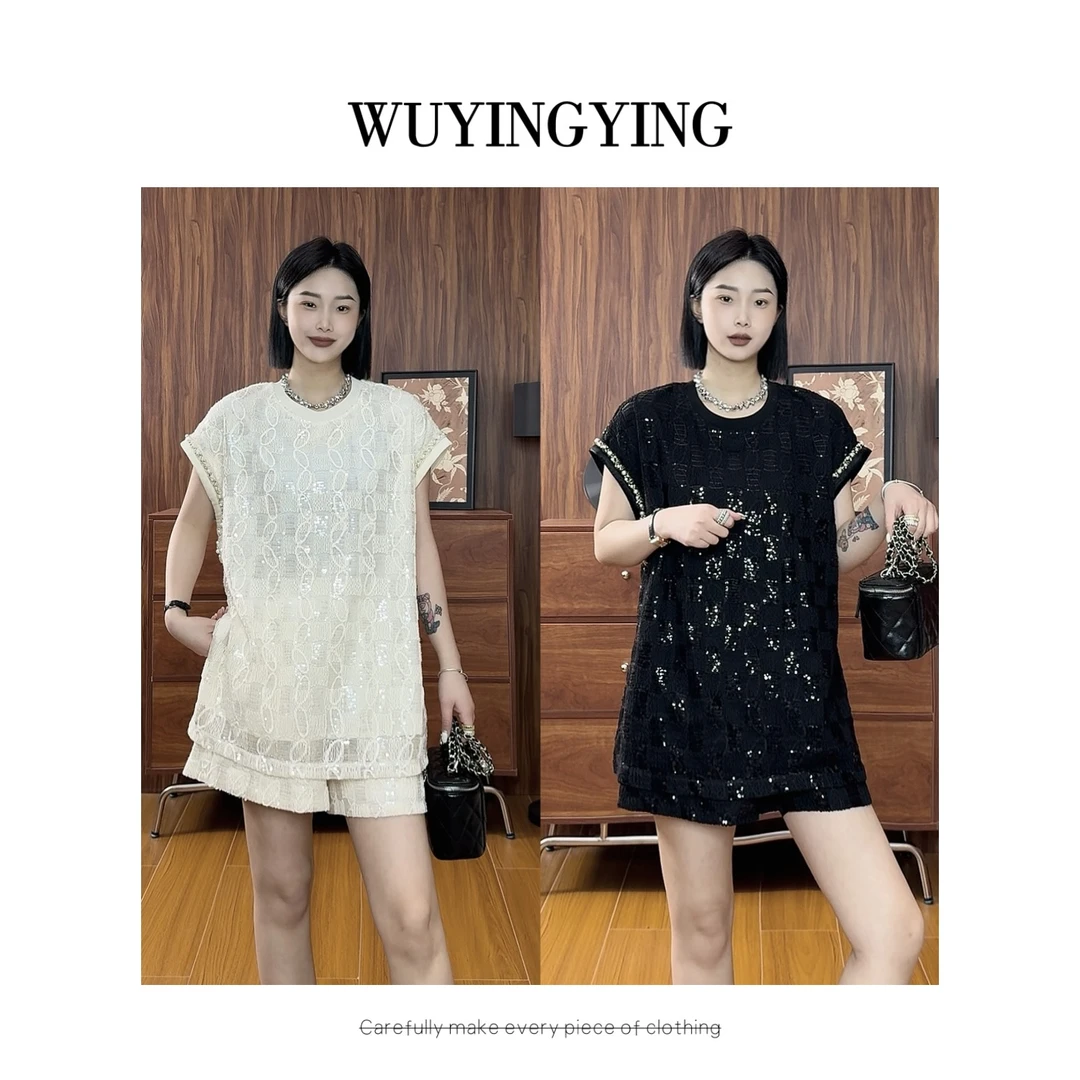 WUYINGYING【艾丽的梦境】欧货高品设计感亮片拼接上衣+短裤套装