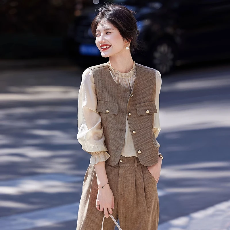 2025秋季新品小香风马甲衬衫阔腿裤三件套休闲通勤风时尚套装