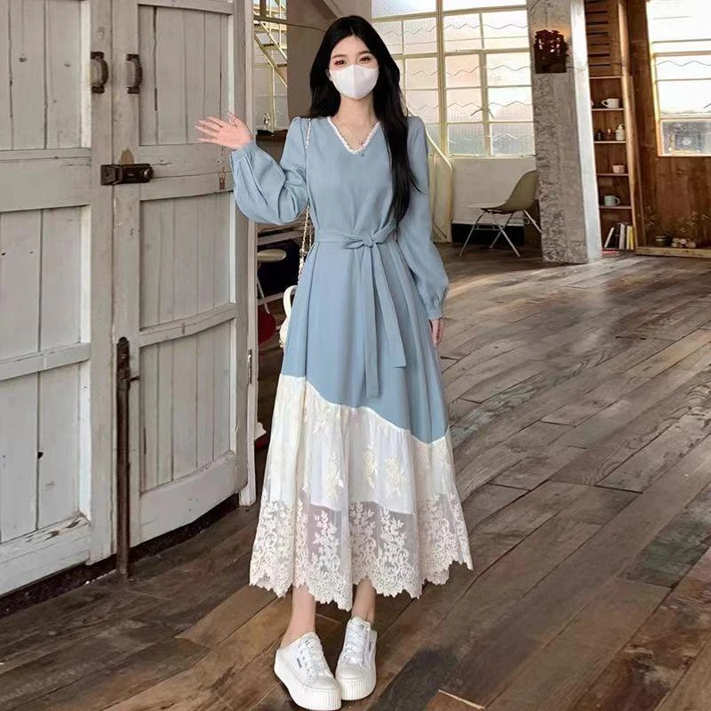 （80-200斤）假两件衣裙子女早秋季新款法式气质高级感蓝色长裙1602